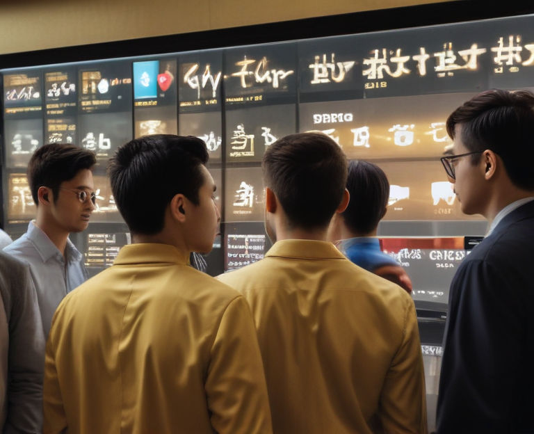 Investors gather around a large digital screen displaying trending TikTok hashtags, sharing insights and strategies to boost community engagement and knowledge.