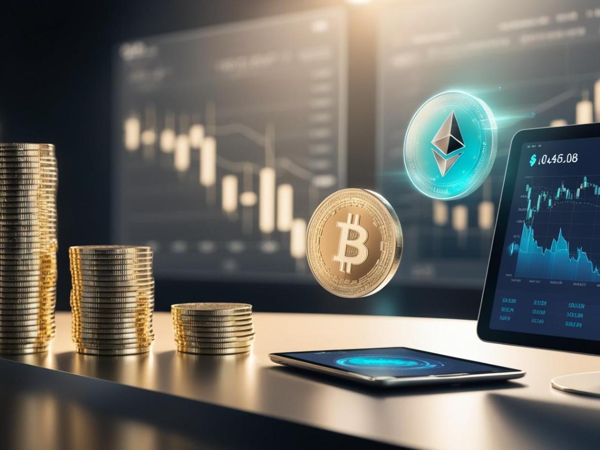 Modern trading desk with gold bars and floating cryptocurrency holograms, no text.