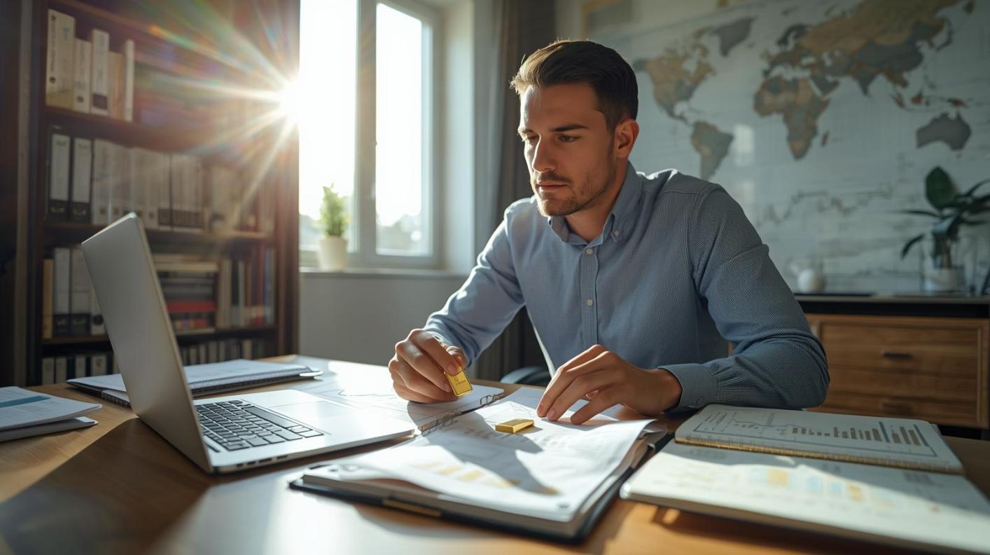 Investor studying gold bar beside laptop while researching global gold supply networks.