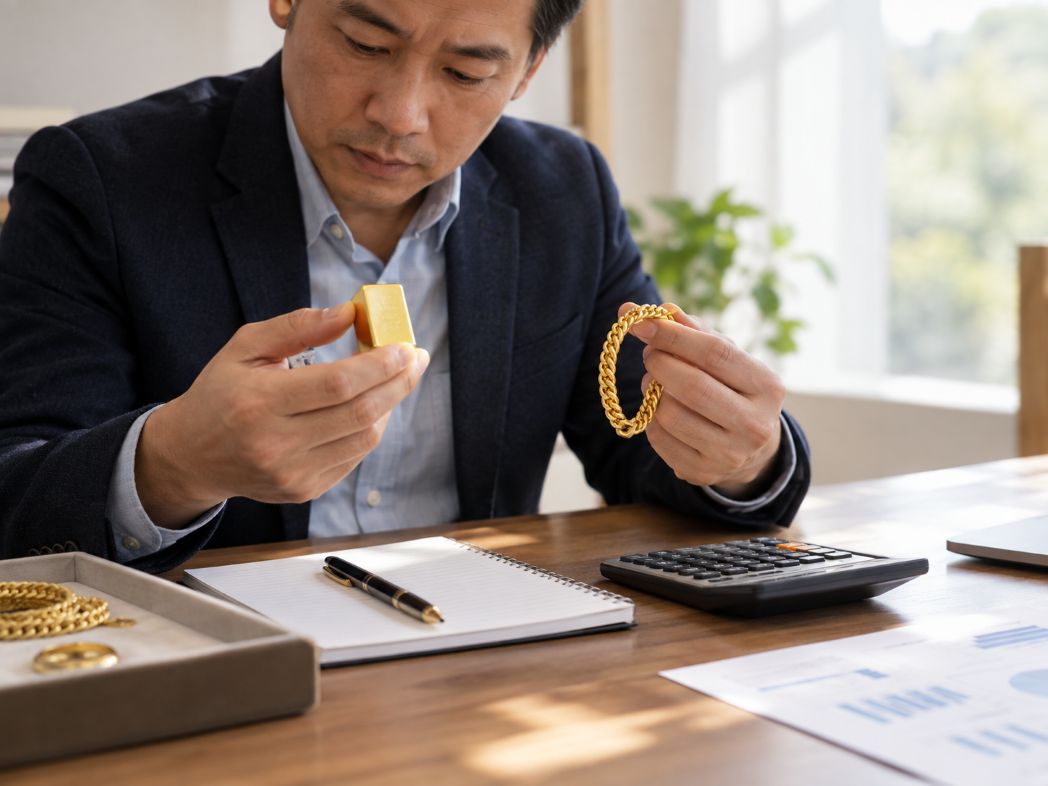 investor comparing gold items